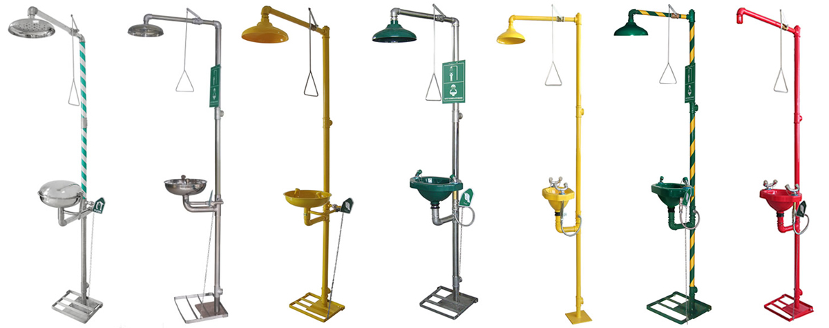 Combination emergency safety showers with integrated eye and face wash spray bowl
