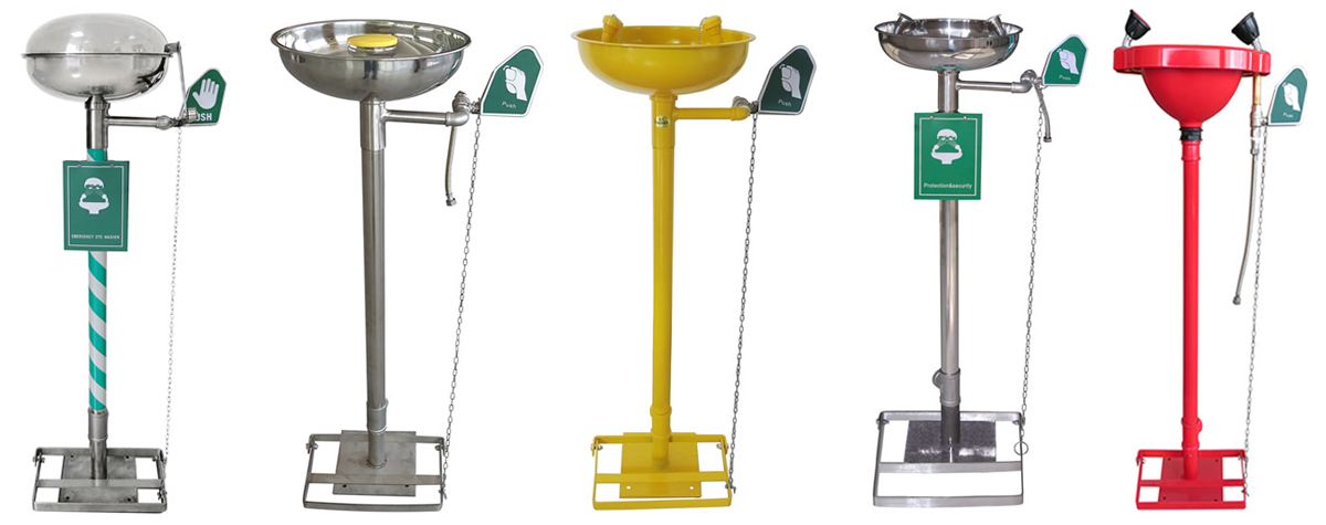 Pedestal vertical floor mounted eye wash station with polished stainless steel bowl