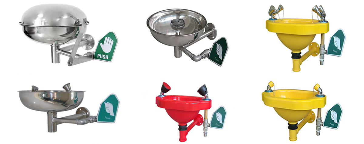 Wall mounted stainless steel bowl eye wash station for localized first aid compliance
