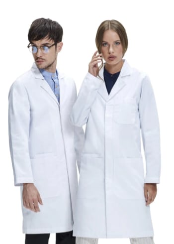Featured professional medical lab coat and doctor overcoat specification profile layout